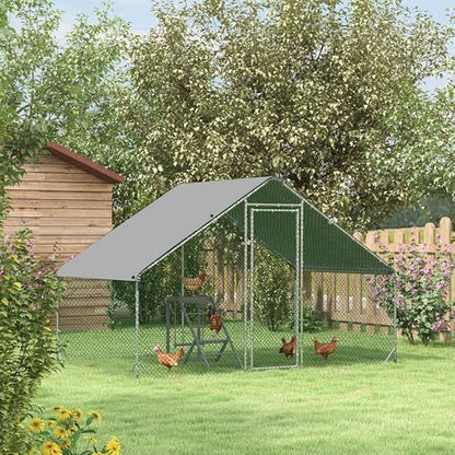 9.8ft Long × 6.6ft Wide × 6.6ft High Galvanized Steel Chicken Run with Walk-in Clearance Lockable Door UV-Resistant Cover Silver