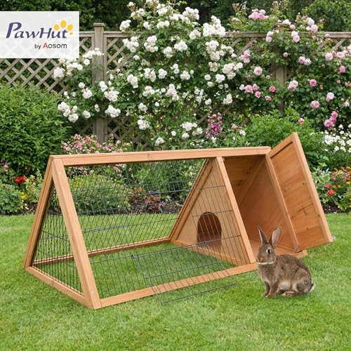 PawHut 46" x 24" Wooden A-Frame Outdoor Rabbit Hutch, Small Animal Cage, Bunny Hutch with Outside Run & Ventilating Wire, Yellow - color: Brown, size: 45.8"L x 24.5"W x 20.8"H