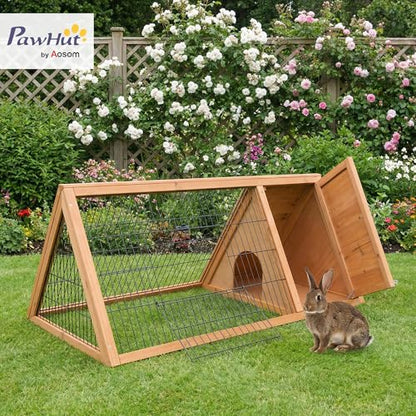 PawHut 46" x 24" Wooden A-Frame Outdoor Rabbit Hutch, Small Animal Cage, Bunny Hutch with Outside Run & Ventilating Wire, Yellow - color: Brown, size: 45.8"L x 24.5"W x 20.8"H