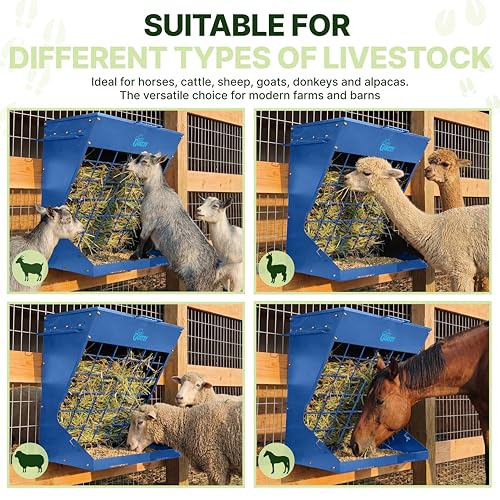 Wall Mount Hay Rack And Hay Feeder For Goats Sheep And Horses, Covered Galvanized Steel Goat Hay Feeder With Hinged Roof, 25 Gallon 2-In-1 No Waste Hanging Holder Grain Bin with hook For Cattle - color: Blue