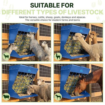 Wall Mount Hay Rack And Hay Feeder For Goats Sheep And Horses, Covered Galvanized Steel Goat Hay Feeder With Hinged Roof, 25 Gallon 2-In-1 No Waste Hanging Holder Grain Bin with hook For Cattle - color: Blue