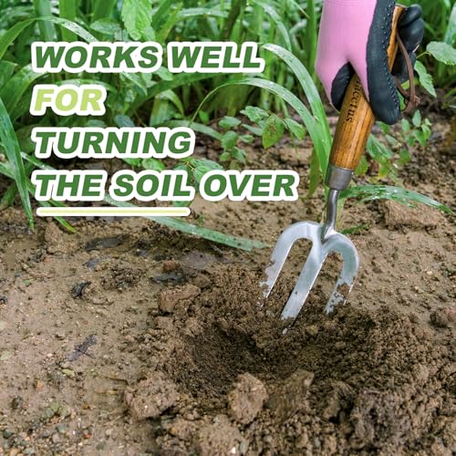 Garden Hand Fork, Hand Weeding Fork with Sharp Tine for Easy Uprooting Large Weeds, Stainless Steel Garden Fork, Comfortable Grip Wood Handle Hand Fork for Fast Weeding, Loosening Soil and Composting