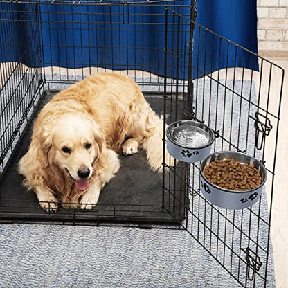 Kennel Water Bowl, ShineMe Stainless Steel Pet Food and Water Feeder Dishes - Attachable Dog Crate Bowls Hanging 2 Pack No Spill for Medium & Large Dogs (7.1x2.9” & 6.2x2.6”) - color: Grey, size: L (54oz+34oz)