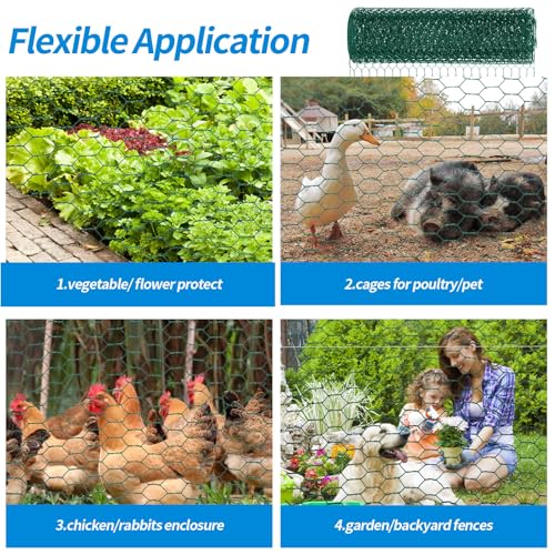 60'' x 150' Green Chicken Wire Fencing, 1 inch Chicken Wire and 19 Gauge Poultry Netting, Garden Mesh Fence Roll for Floral Arrangements/Crafts/Farm/Livestock/Pet Protection - size: Green /19 Gauge 60" x150'