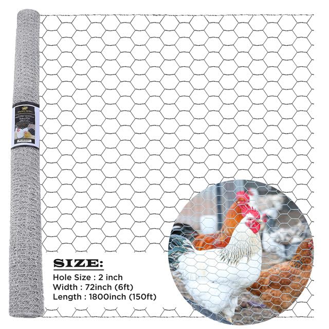 Chicken Wire 72 in x 150 FT x 2” Mesh x 20GA | Poultry Wire Netting | Hot Dipped Galvanised | Hexagonal Galvanized Mesh for Chicken Coop, Rabbit Cage, Fence Barrier PM72x150x2 - style: 72 in x 150 FT x 2 in