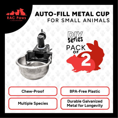 Rac Paws by RentACoop DIY Auto-Fill Metal Cup Waterer Kit - Great for Small Animals, Pets, Bunnies, Ferret, Chickens, Hamsters, Guinea Pigs, Rabbits, Chinchillas, Mice, Rats - 2 Pack - style: 2 Pack