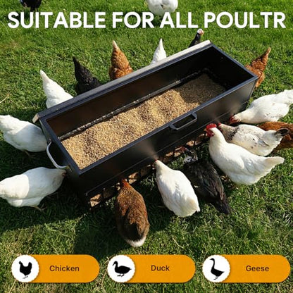 120LBS Automatic Metal Chicken Feeder,Heavy Duty Steel Chicken Feeder Box | Portable Chicken Feede Poultry Feeder with single-side casters and Weatherproof Lid for Ducks, Geese, Black