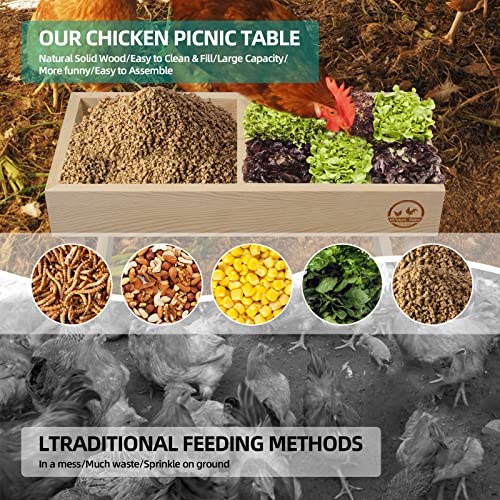 Chicken Picnic Table No Waste, Large Chicken Feeder Handmade Wooden, DIY Chicken Table Feeder Kit, Wild Bird, Duck & Squirrel Feeders No Mess, Mesh Bottom Keep Food Fresh and Dry Easy to Clean Fill - color: Natural Solid Wood