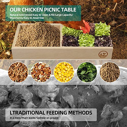 Chicken Picnic Table No Waste, Large Chicken Feeder Handmade Wooden, DIY Chicken Table Feeder Kit, Wild Bird, Duck & Squirrel Feeders No Mess, Mesh Bottom Keep Food Fresh and Dry Easy to Clean Fill - color: Natural Solid Wood