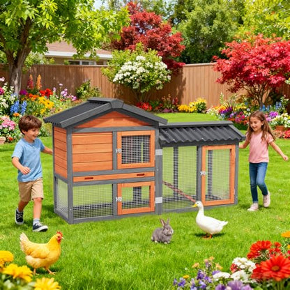 Chicken Coop, Chicken Run,Small Wooden Duck Coop Outdoor 2-Tier Hen House All Weather Used Poultry Quail Cage Rabbit Pet Hutch House with Ramp for Small Animals (Brown) - color: Brown