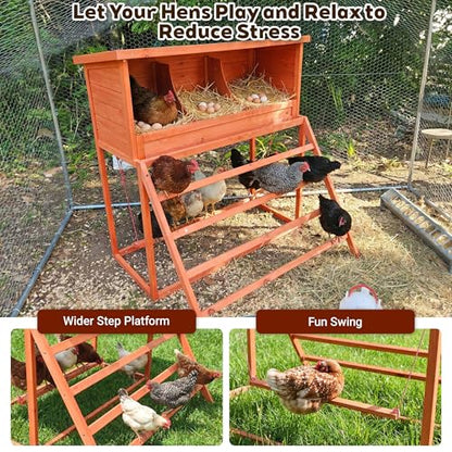 Wooden Chicken Nesting Box with 3 Compartments, 3-in-1 Chicken Coop Box with Swing Ladder & Perch, Asphalt Roof Laying Box for Hens, Ducks & Poultry