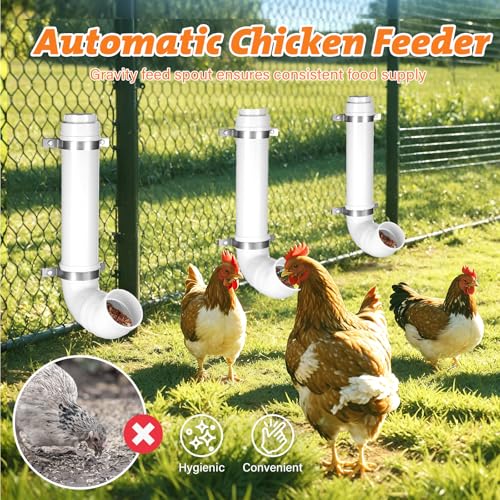 3 Pack Automatic Chicken Feeder No Waste, PVC Pipe Chicken Coop Feeder, Rat Proof Chicken Feeders, with Lid Hanging for Chicken Poultry Feeder - color: 3 pack