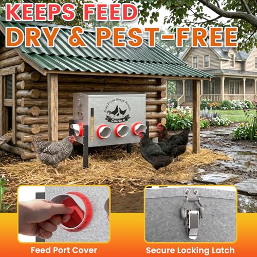 10gal 55LB Large Automatic Chicken Feeder with Window - 8 Port No Waste Design, Rust-Proof Alloy Steel with Locking Lid & Adjustable Legs, Waterproof Silo for Hens, Ducks, Geese, Poultry