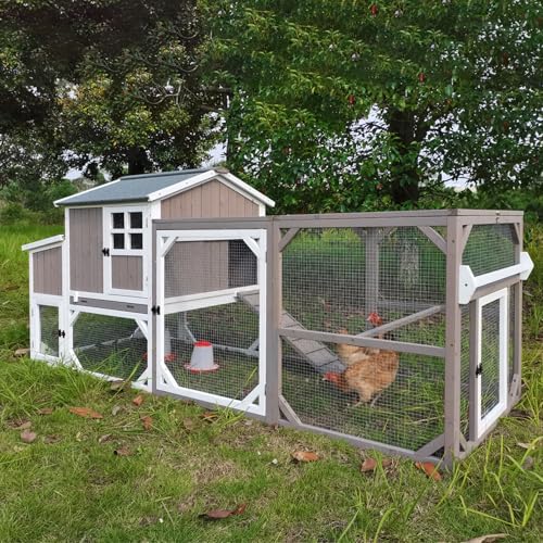 Large Chicken Coop with Run & Wheels, Portable Outdoor Hen House for 3-6 Chickens, 3 Nesting Boxes, Quail Hutch & Poultry Cage, Removable Tray & Ramp (95.3" L Grey) - size: 95.3"L x 31.5"W x 45.0"H