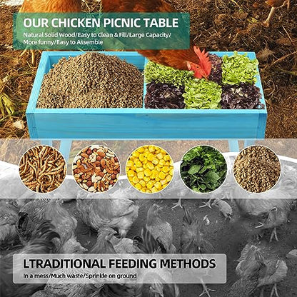 Chicken Picnic Table, Chicken Feeder No Waste Handmade Wooden, Large DIY Chicken Feeder Kit, Wild Bird, Duck & Squirrel Feeders, Mesh Bottom Keep Food Fresh and Dry Easy to Clean and Fill（Blue Paint） - color: Blue Solid Wood