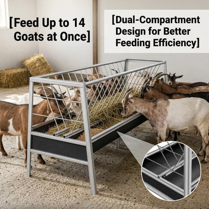 59 Inch Livestock Feeder 77 Gallon Capacity, Heavy Duty Stainless Steel Hay Feeder with Deep Rubber Grain Trough for Goats, Sheep and Horses, Barn or Pasture Use