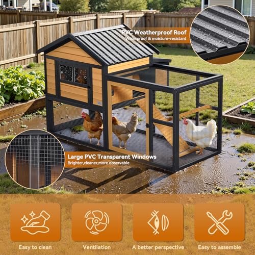 PETSFIT Wooden Chicken Coop with 71" Run for 4-6 Chickens, Predator-Proof Backyard Hen House with 6 Ground Anchors, 3 Nesting Boxes, 3 Perches & Chicken Swing, Waterproof PVC Roof, 3-Door Easy Clean