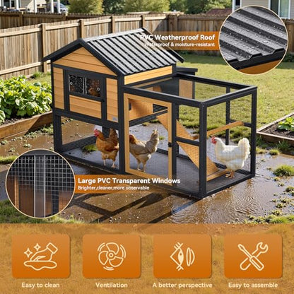 PETSFIT Wooden Chicken Coop with 71" Run for 4-6 Chickens, Predator-Proof Backyard Hen House with 6 Ground Anchors, 3 Nesting Boxes, 3 Perches & Chicken Swing, Waterproof PVC Roof, 3-Door Easy Clean