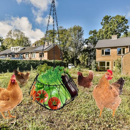 Hanging Chicken Feeder Accessories, Coop Must Haves -Foldable 6.5Inch Large Poultry Vegetable Fruits Chicken Treat Dispenser with 3pcs Hanging Chain,Chicken Toys for coop (Chicken Feeder 1 Pack)