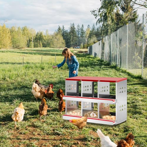 Chicken Nesting Boxes for Laying Eggs, 2-Tier 6 Compartment Roll Out Ducks Poultry Hens Nest Box with Lid Cover, Rolling Egg Collection Protection Chicken Coop for 6 Up to 24 Chickens, Silver and Red