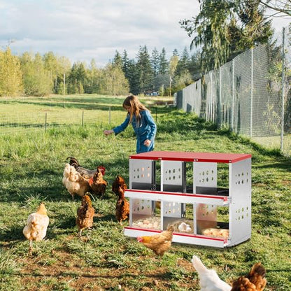 Chicken Nesting Boxes for Laying Eggs, 2-Tier 6 Compartment Roll Out Ducks Poultry Hens Nest Box with Lid Cover, Rolling Egg Collection Protection Chicken Coop for 6 Up to 24 Chickens, Silver and Red