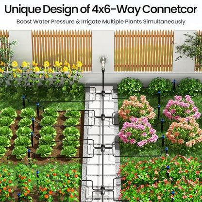 Bonviee 50FT 1/2" Drip Irrigation Tubing with 4-Pack 6-Way Connectors, Flexible Blank Distribution Hose Main Line for Garden Watering System, Raised Beds, Flower & Vegetable Gardens - size: 1/2"-50FT