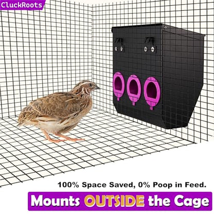 CluckRoots No Waste Quail Feeder, 1.5’’ Port for Adult Japanese Coturnix Quail Jumbo Pharaoh, Outside-Hanging 3-Port Feeder - No Mess No Spill, Space-Saving Metal Feeder for Wire Mesh Cage Hutch Pen - size: 8 Inch