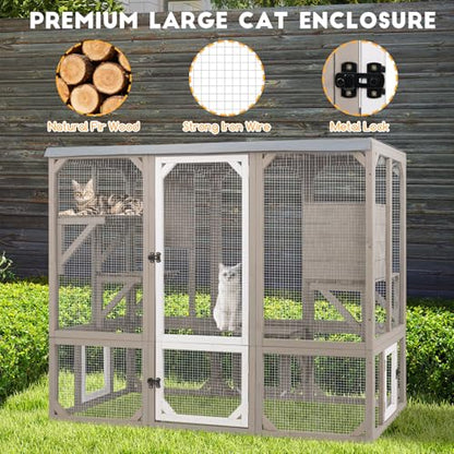 Ketive Catio Outdoor Cat Enclosure, Wooden Cat Catio, Large Weatherproof Cats House with Multiple Platforms and 1 Resting Boxes for Multiple Cats - size: 59" L x 27.5" W x 47.2" H
