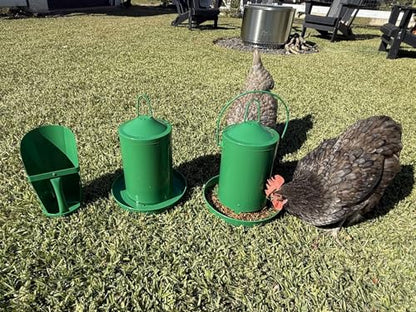 Zylina Powder Coated Green Metal Chicken Waterer 1 Gallon/Feeder 9 lbs/Scoop Combo Pack