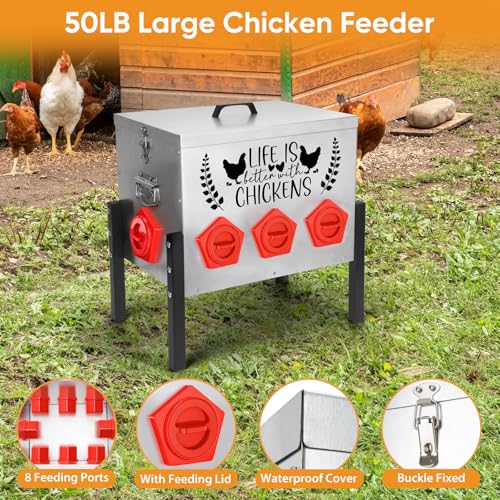 ‎Tgeyd 50 lb Heavy Duty Chicken Feeder, No Waste Galvanized Poultry Feeder with Locking Lid for Outdoor Chickens, Ducks & Geese - color: silver