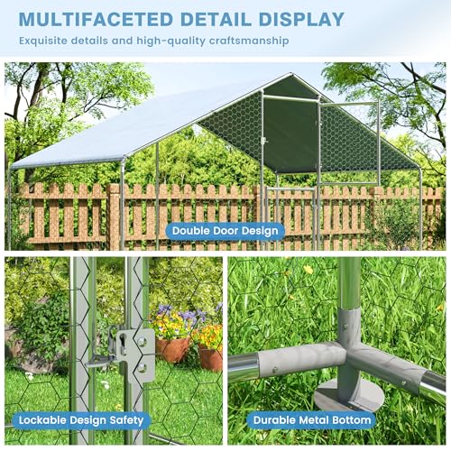 Polar Aurora Metal Chicken Coop, Large Outdoor Chicken Pen, Walk-in Chicken Run for 6-20 Chickens, Double Door Chicken House with Waterproof UV Protection Cover for Backyard (Spire-S) - size: 118.0"L x 78.7"W x 76.8"H
