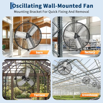 Garvee 24 Inch Wall Mount Fan, 7000 CFM 3 Speeds High Velocity Industrial Fan with 360° Tilt Head, IP44 Waterproof Heavy-Duty Aluminum Blades for Workshop, Warehouse, Greenhouse, Commercial - size: 24 Inch