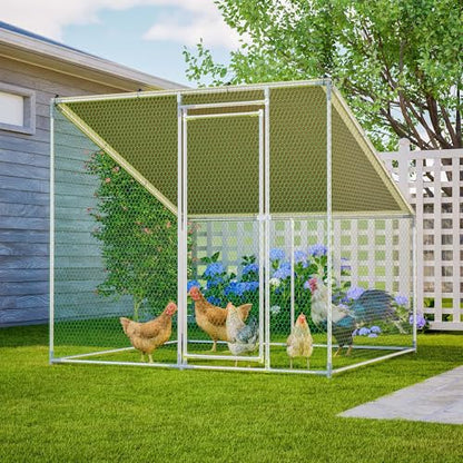 Walk in Chicken Coop, Chicken Runs for Yard with Cover, 84 x 78.7 x 72.7 in Metal Enclosure, Slanted Roof, Lockable Door for Ducks Rabbits