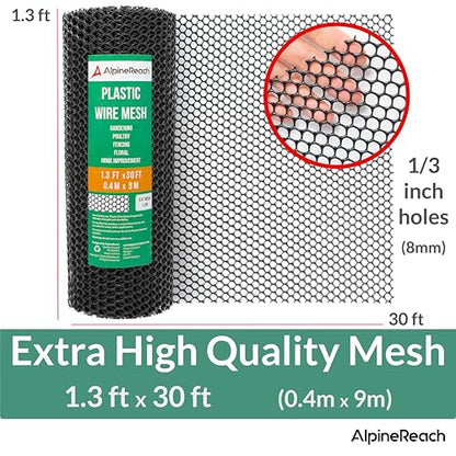 AlpineReach Plastic Wire Mesh 1.3ft x 30ft Fence Roll with Zip Ties - Ideal for Poultry, Dogs, Rabbit Barrier & Gardening, Durable Chicken Mesh, Versatile Rigid Fencing & Netting, Black (15.7" x 360") - size: 1.3ft x 30ft