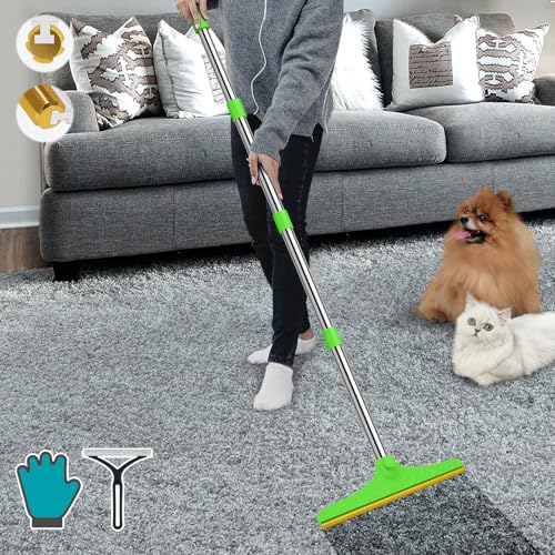 B-Land Carpet Rake for Pet Hair Removal, Reusable Pet Hair Remover with 60” Adjustable Long Handle, Carpet Scraper Dog Cat Hair Remover Tool for Rugs, Mats, Couch, Furniture Green - color: Green
