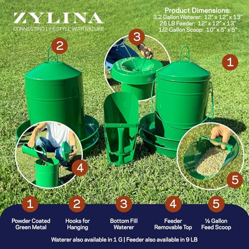 Zylina Powder Coated Green Metal Chicken Waterer 1 Gallon/Feeder 9 lbs/Scoop Combo Pack