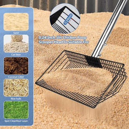 10inch Large Metal Chicken Poop Scooper, Chicken Poop Scooper for Sand with Adjustable Stainless Steel Handle, Chicken Coop Scooper for Sand Suitable for Chicken Coops, Rabbit Coops, Stables, Gardens - size: 2.3"L x 10.0"W x 64.0"H