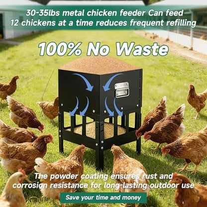 30-40LBS Large Chicken Feeder No Waste 12-Ports Automatic with Magnetic Baffle to Prevent Rodents and Mice Large Poultry Feeder Adjustable Height Suitable for All Poultry, Weatherproof - color: 30-40LBS