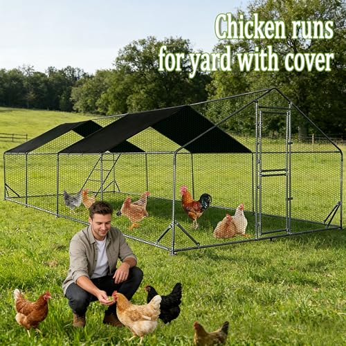 XCL Large Metal Chicken Coop, 26×10×6.5FT Walk-in Chicken Run, Spire Roof Poultry Cage with Waterproof Anti-UV Cover, Roosting Perch Outdoor Backyard Farm Enclosure for Duck Chicken (4-Unit Coop) - size: 4-Unit Coop