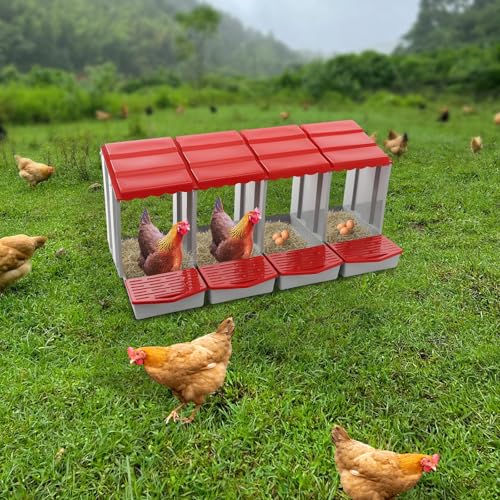 Chicken Nesting Box, 4 Compartment Hen Laying Boxes with Egg Collection, Wall Mountable Roll Away Nest, Heavy Duty Chicken Coop Laying Box for Home, Outdoor, Farm, Backyard (Red+Grey) - color: Red+Grey