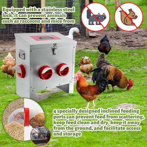 25LB Large Automatic Chicken Feeder Galvanized Metal Chicken Feeders with 4 Feeding Ports No Waste Outdoor Poultry Feeder with Handle and Locking Lid for Chickens and Ducks - size: 25LB-4 Ports