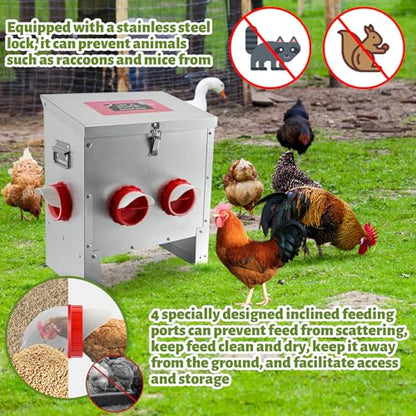 25LB Large Automatic Chicken Feeder Galvanized Metal Chicken Feeders with 4 Feeding Ports No Waste Outdoor Poultry Feeder with Handle and Locking Lid for Chickens and Ducks - size: 25LB-4 Ports