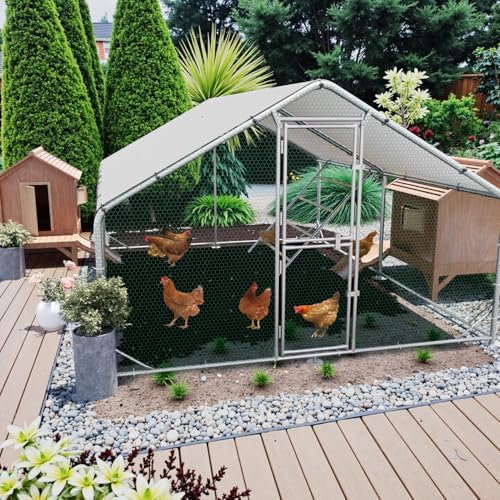 Large Metal Chicken Coop, 10x13x6.5ft Walk in Chicken Runs for Yard with Covers, Outdoor Chicken Pen with Roosting Perch and Split Door, Spire Roof Poultry Cage for Chicken, Duck