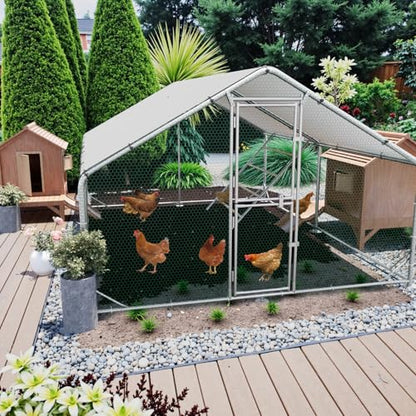 Large Metal Chicken Coop, 10x13x6.5ft Walk in Chicken Runs for Yard with Covers, Outdoor Chicken Pen with Roosting Perch and Split Door, Spire Roof Poultry Cage for Chicken, Duck