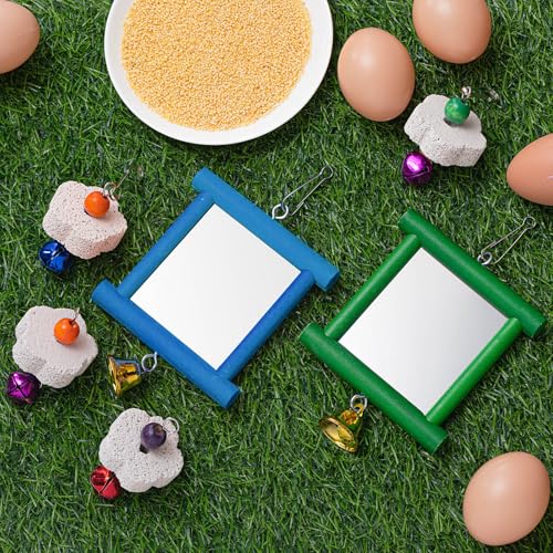 Sumind 2 Pieces Chicken Mirror Toys Hanging Swing Mirror with Bell Wooden Pecking Toy and 4 Pieces Beak Grinding Molar Stones for Hens Birds Parrots(Blue,Green) - color: Blue,Green