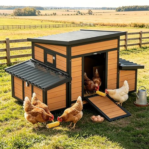Chicken Coop, Large Wooden Chicken House with Waterproof Roof & Pull-Out Tray, Outdoor Chicken Hutch with 6 Nesting Boxes, Duck Coop Hen House for 4-6 Chicken, Reddish Brown - color: Reddish Brown
