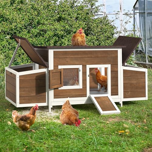 YITAHOME Chicken Coop Large Wooden Chicken House Chicken Pen Outdoor with 2 Nesting Boxes Poultry Cage Rabbit Hutch Duck Cage with Weatherproof Roof (Brown) - color: Natural, size: 66.9"L x 24.8"W x 28.0"H