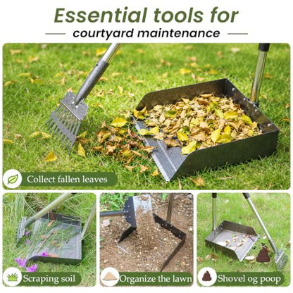 T2Y Dog Pooper Scooper for Multi-Dog Family, Long Handle Rake & Large Tray | 48" Tall No-Bend | 9.4'' Large Tray | Stainless Steel | Adjustable | Works on Grass, Gravel & Dirt | Easy to Install - size: Rake & Large Tray