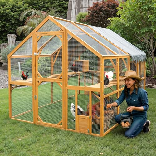 KEIKI 110"L Outdoor Large Chicken Coop with Waterproof Cover, Roosting Platform, Wire Mesh & 2 Lift Small Doors with Locks, Wood Chicken Coop House with Run for Cat Kitten Playpen, Duck, Rabbit, Quail - color: Natural, size: Large with Roosting Platform