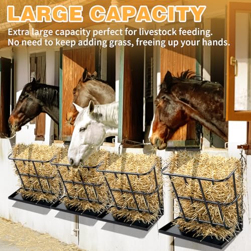 Large Capacity 2-in-1 Hay Feeder with Detachable Grain Tray, Heavy Duty Steel, Wall-Mounted Rack for Goat, Sheep, Horse Livestock, Black